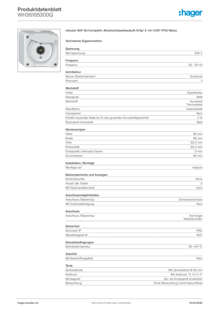 Bild Hager Produktdatenblatt WH36185300Q | Hager Schweiz