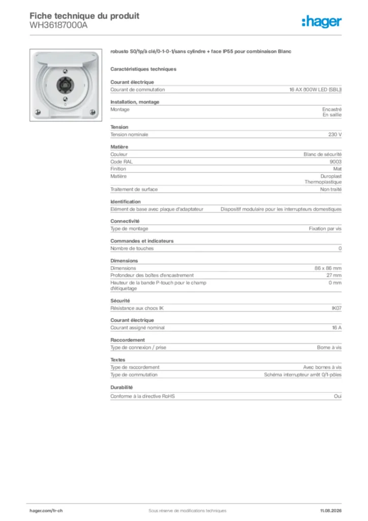 Image Hager Fiche technique du produit WH36187000A | Hager Suisse