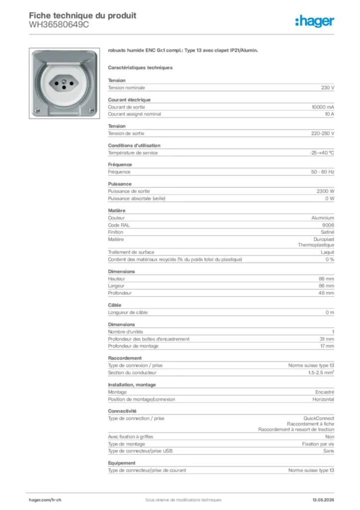 Image Hager Fiche technique du produit WH36580649C | Hager Suisse
