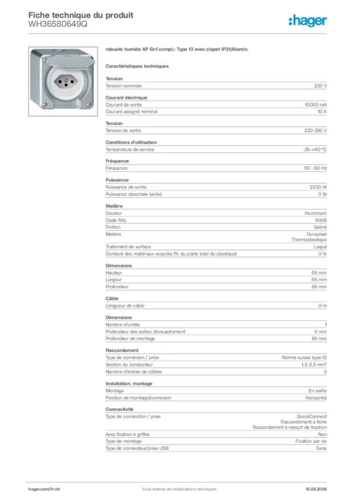 Image Hager Fiche technique du produit WH36580649Q | Hager Suisse