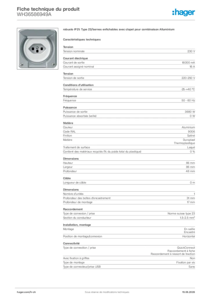 Image Hager Fiche technique du produit WH36586949A | Hager Suisse