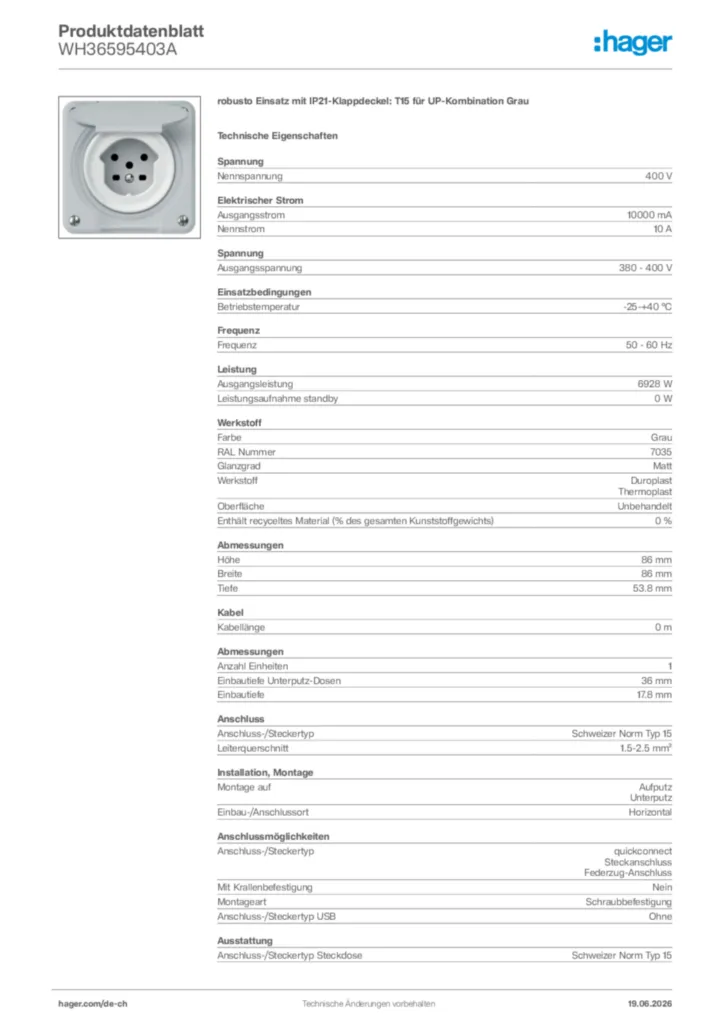 Bild Hager Produktdatenblatt WH36595403A | Hager Schweiz