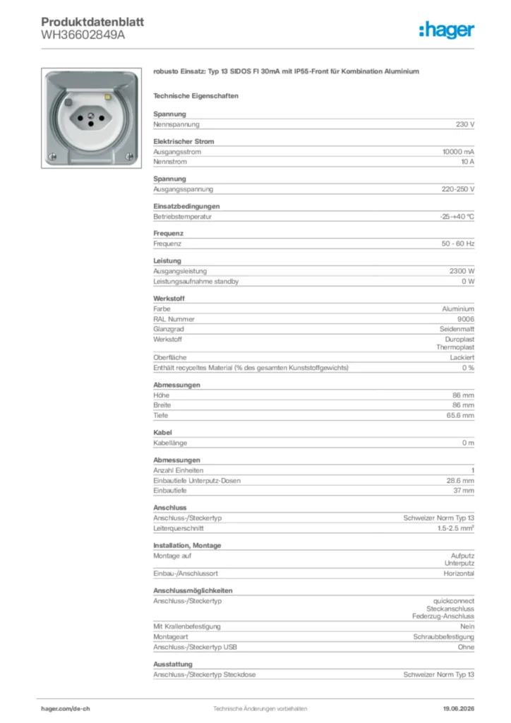 Bild Hager Produktdatenblatt WH36602849A | Hager Schweiz