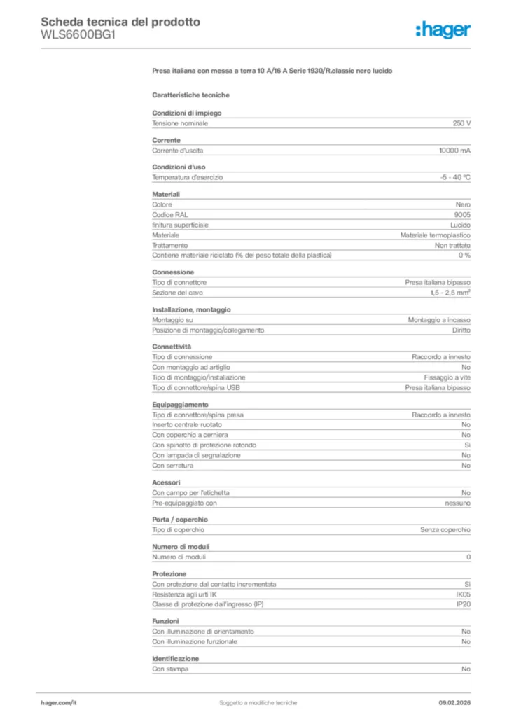 Immagine Hager Scheda tecnica del prodotto WLS6600BG1 | Hager Italia