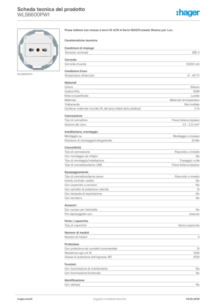 Immagine Hager Scheda tecnica del prodotto WLS6600PW1 | Hager Italia