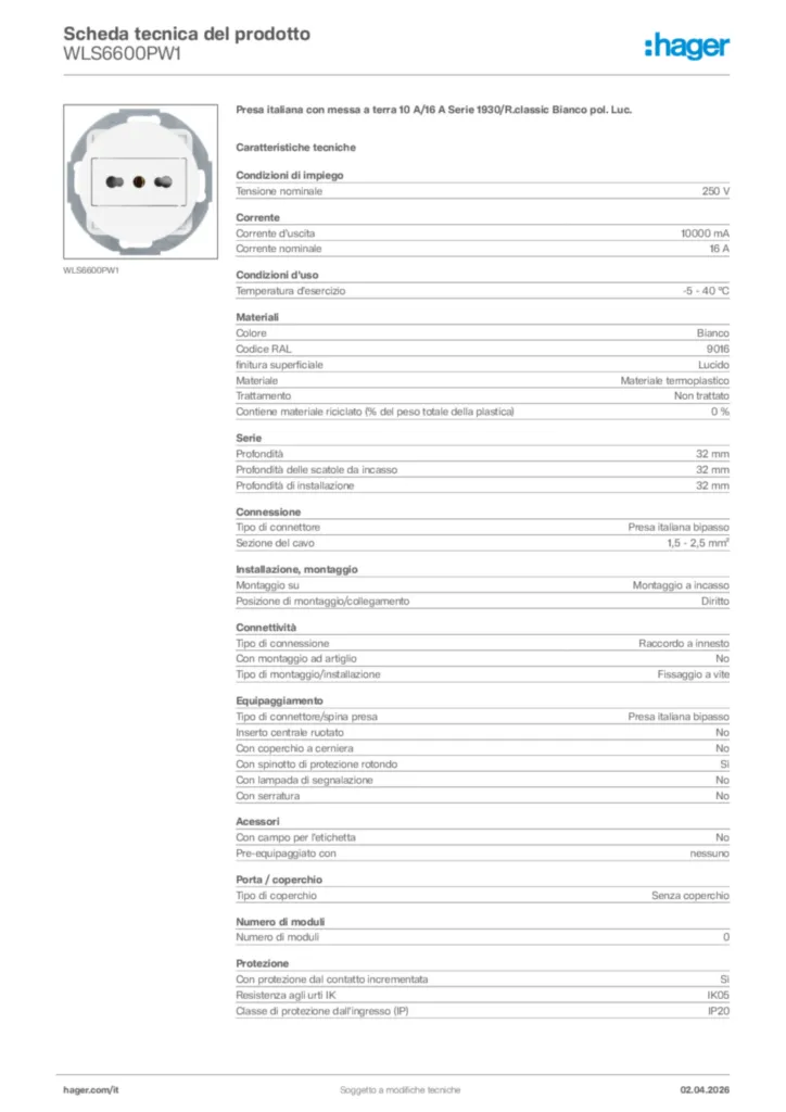 Immagine Hager Scheda tecnica del prodotto WLS6600PW1 | Hager Italia