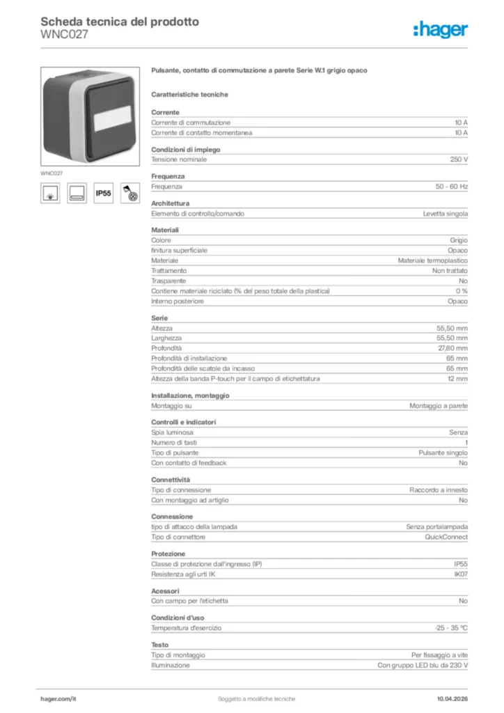 Immagine Hager Scheda tecnica del prodotto WNC027 | Hager Italia