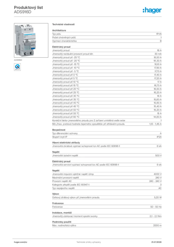 Obrázek Hager Generováno - Datový list produktu ADS916D | Hager