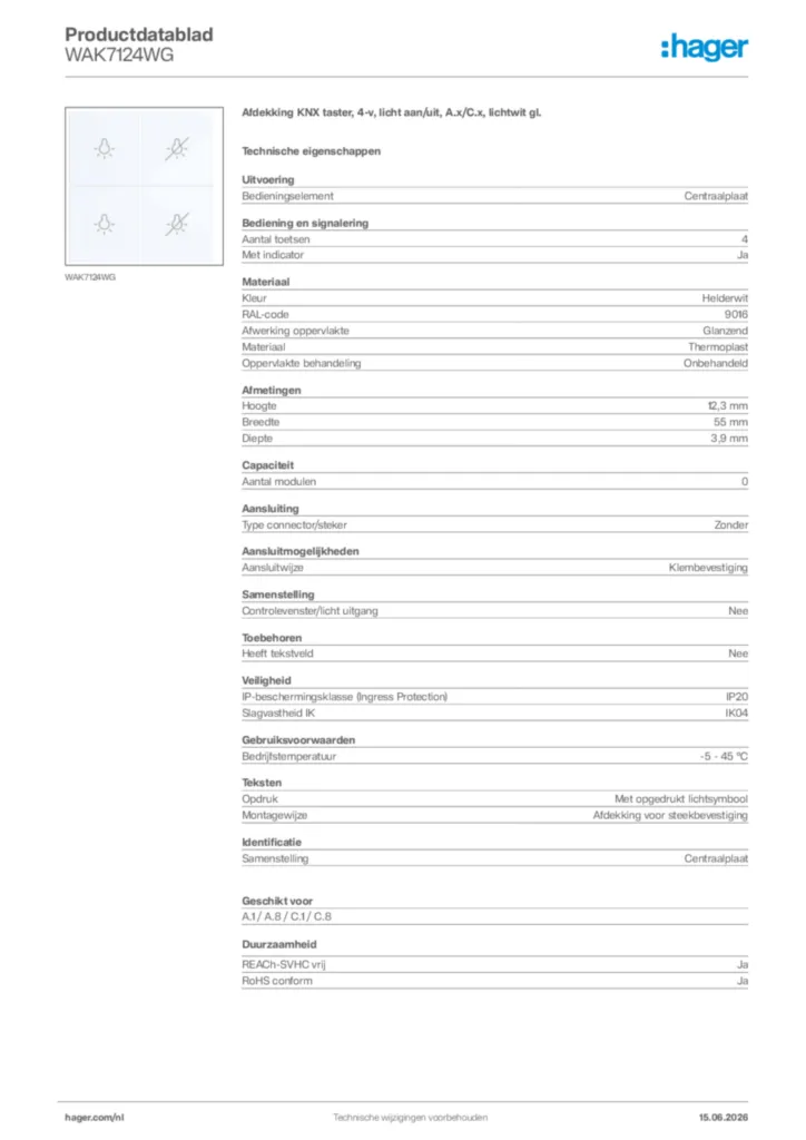 Afbeelding Hager Productdatablad WAK7124WG | Hager Nederland