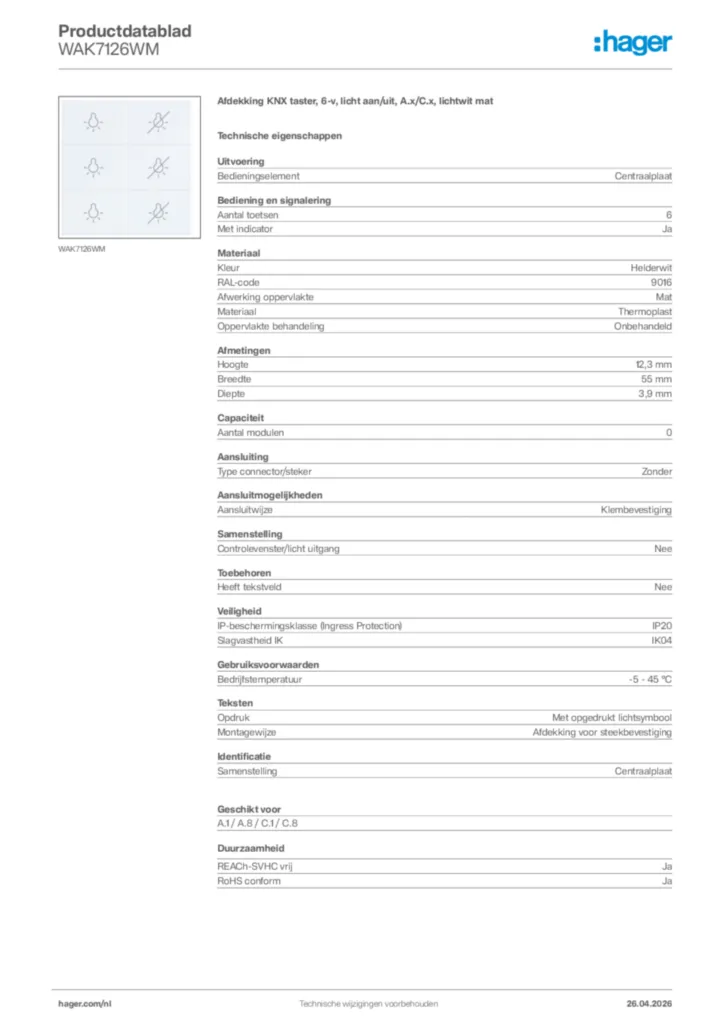 Afbeelding Hager Productdatablad WAK7126WM | Hager Nederland