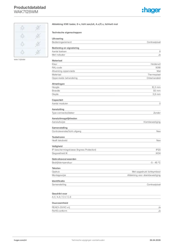 Afbeelding Hager Productdatablad WAK7128WM | Hager Nederland