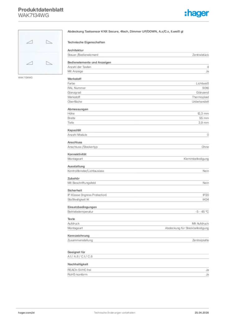 Bild Hager Produktdatenblatt WAK7134WG | Hager Deutschland