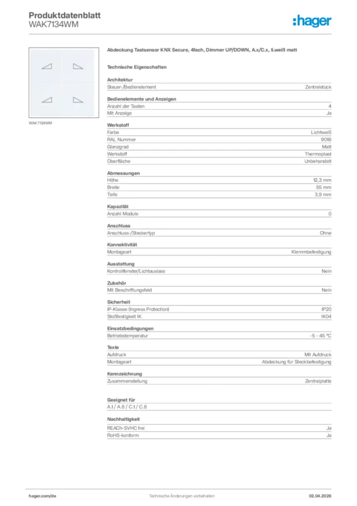 Bild Hager Produktdatenblatt WAK7134WM | Hager Deutschland