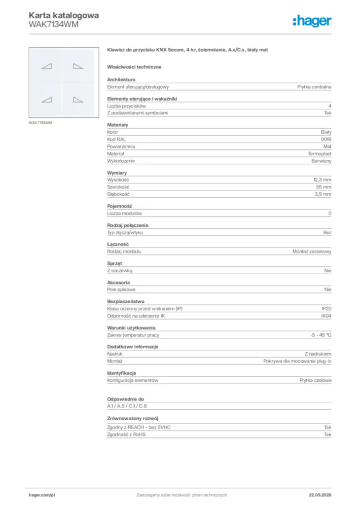 Zdjęcie Hager Karta katalogowa WAK7134WM | Hager Polska