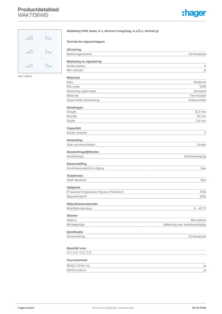 Afbeelding Hager Productdatablad WAK7136WG | Hager Nederland