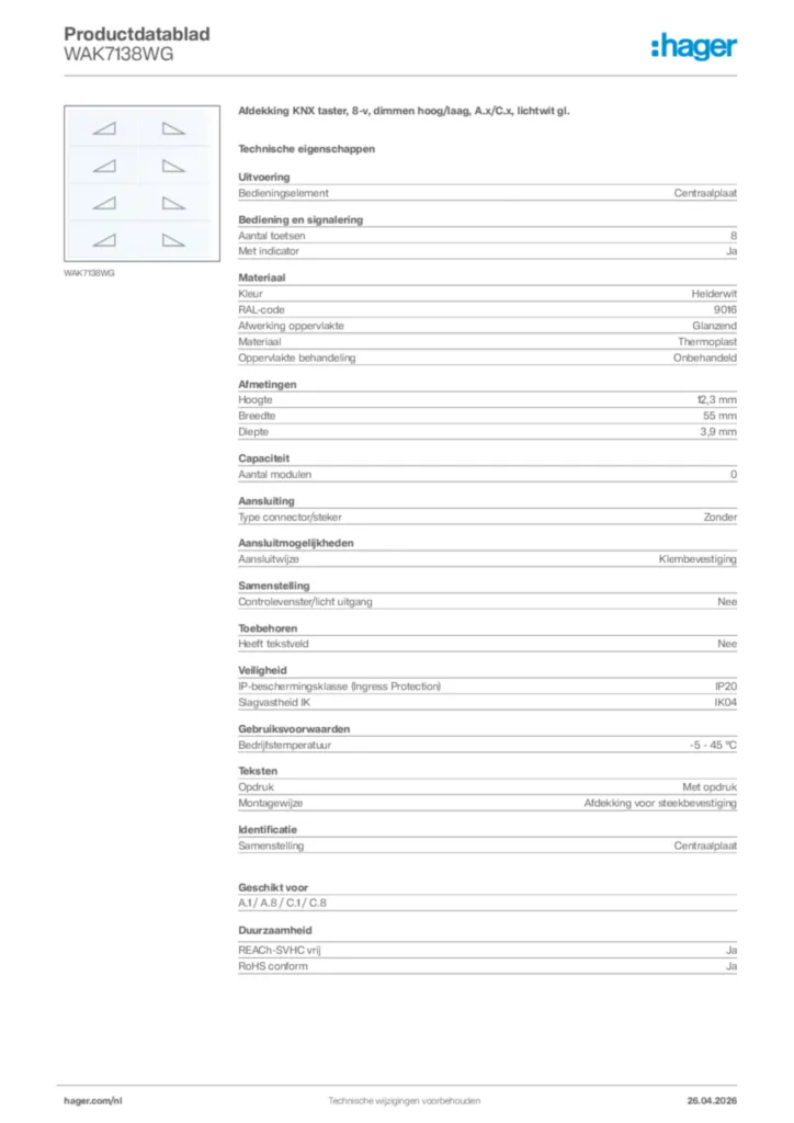 Afbeelding Hager Productdatablad WAK7138WG | Hager Nederland