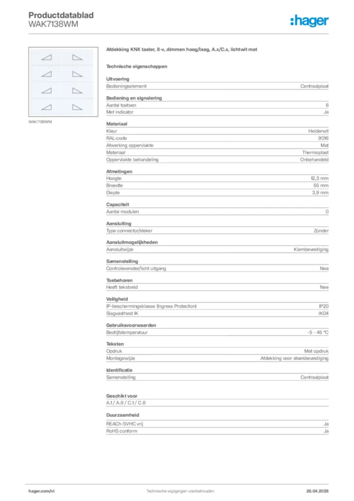 Afbeelding Hager Productdatablad WAK7138WM | Hager Nederland