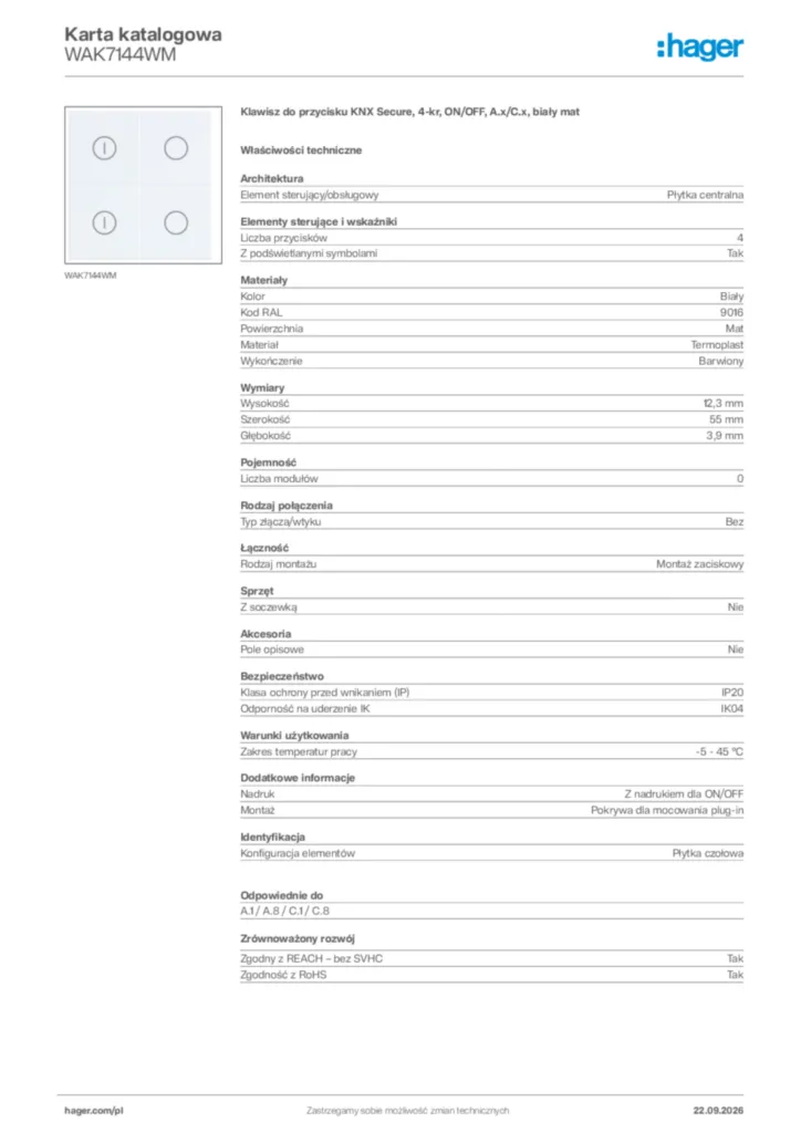 Zdjęcie Hager Karta katalogowa WAK7144WM | Hager Polska
