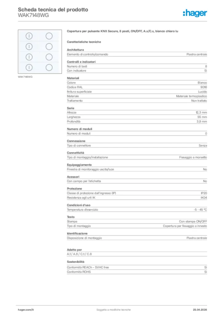 Immagine Hager Scheda tecnica del prodotto WAK7148WG | Hager Italia