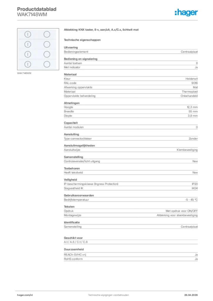 Afbeelding Hager Productdatablad WAK7148WM | Hager Nederland