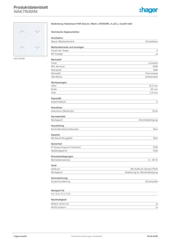 Bild Hager Produktdatenblatt WAK7154WM | Hager Deutschland