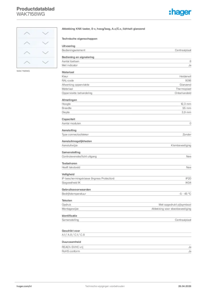 Afbeelding Hager Productdatablad WAK7158WG | Hager Nederland