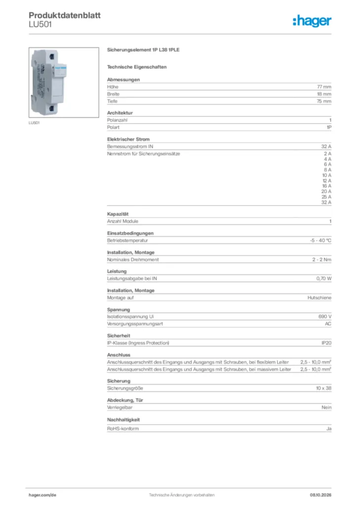Bild Hager Produktdatenblatt LU501 | Hager Deutschland