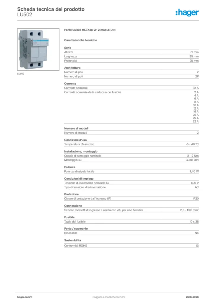 Immagine Hager Scheda tecnica del prodotto LU502 | Hager Italia