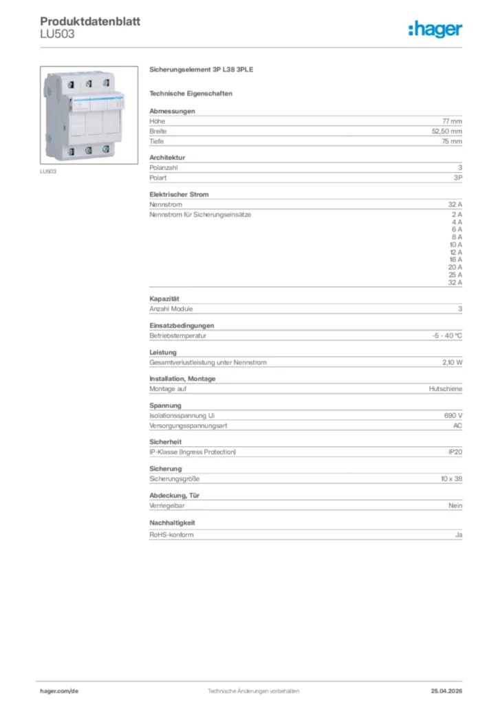 Bild Hager Produktdatenblatt LU503 | Hager Deutschland
