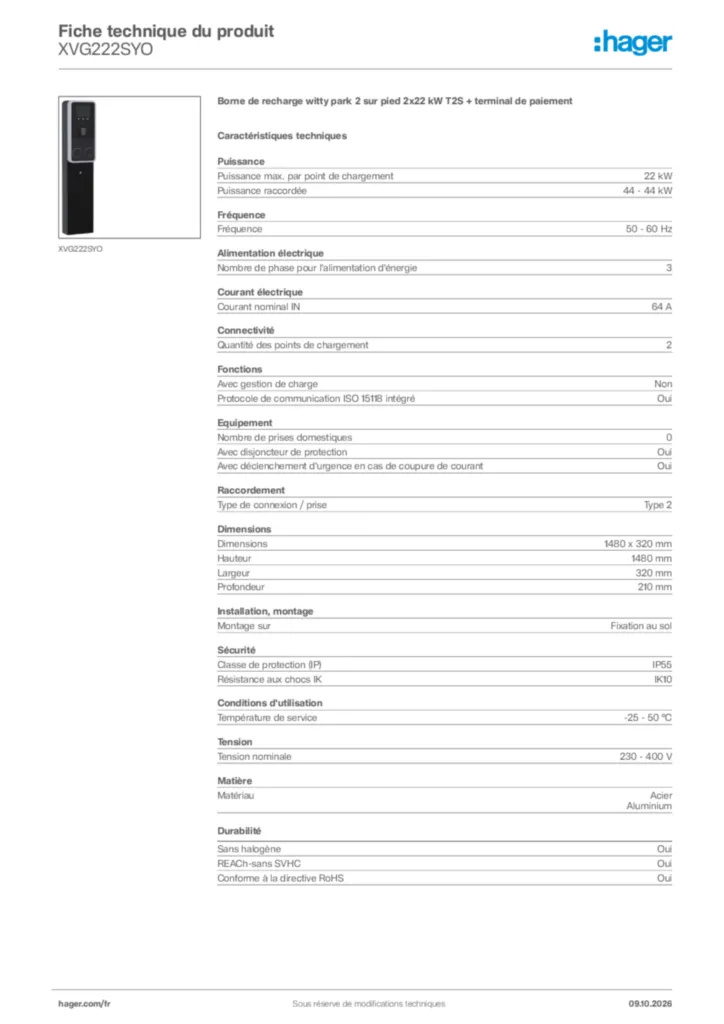 Image Hager Fiche technique du produit XVG222SYO | Hager France