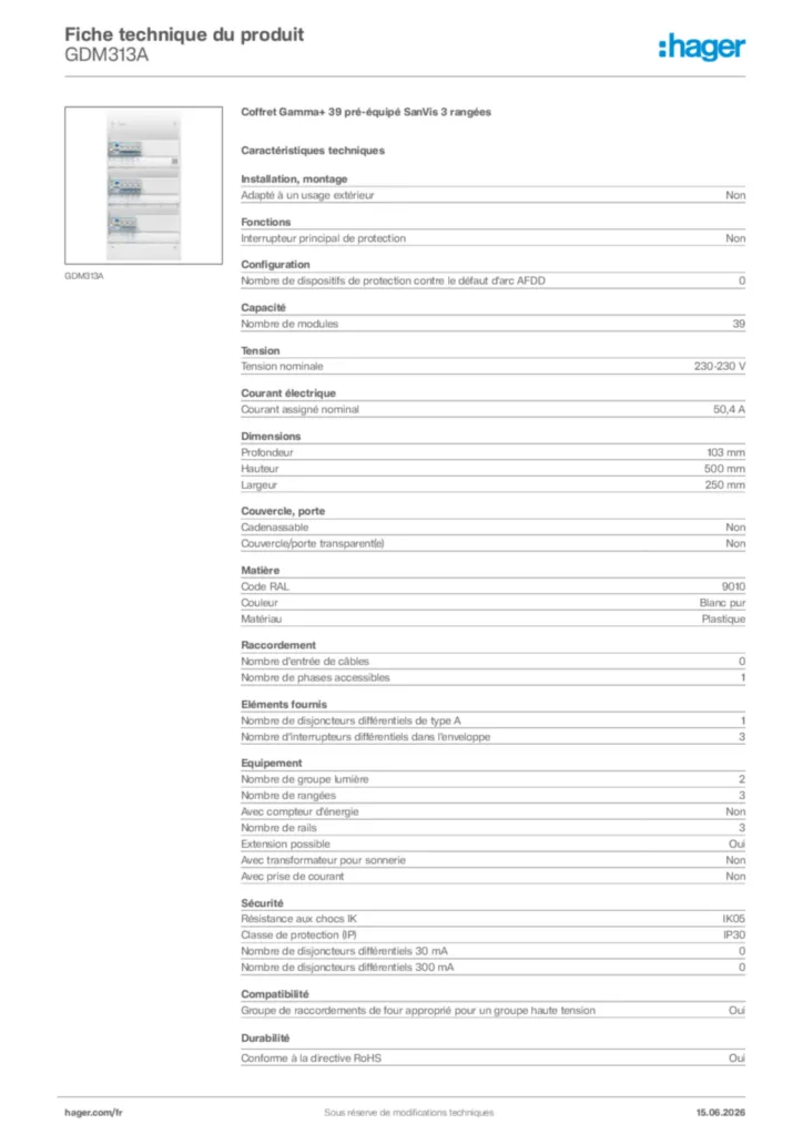 Image Hager Fiche technique du produit GDM313A | Hager France