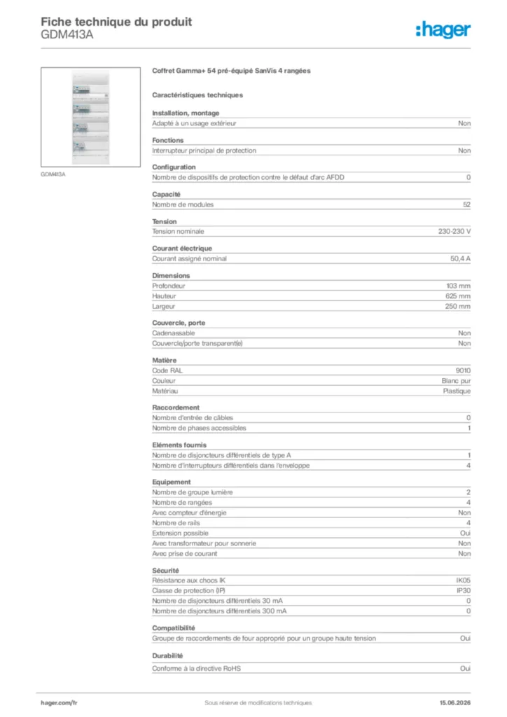 Image Hager Fiche technique du produit GDM413A | Hager France