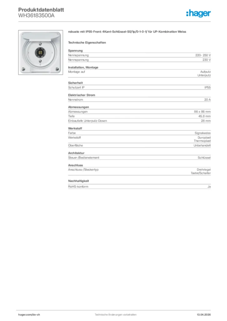 Bild Hager Produktdatenblatt WH36183500A | Hager Schweiz