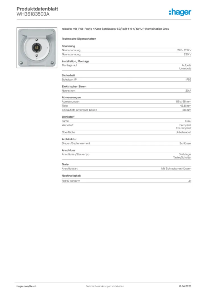 Bild Hager Produktdatenblatt WH36183503A | Hager Schweiz