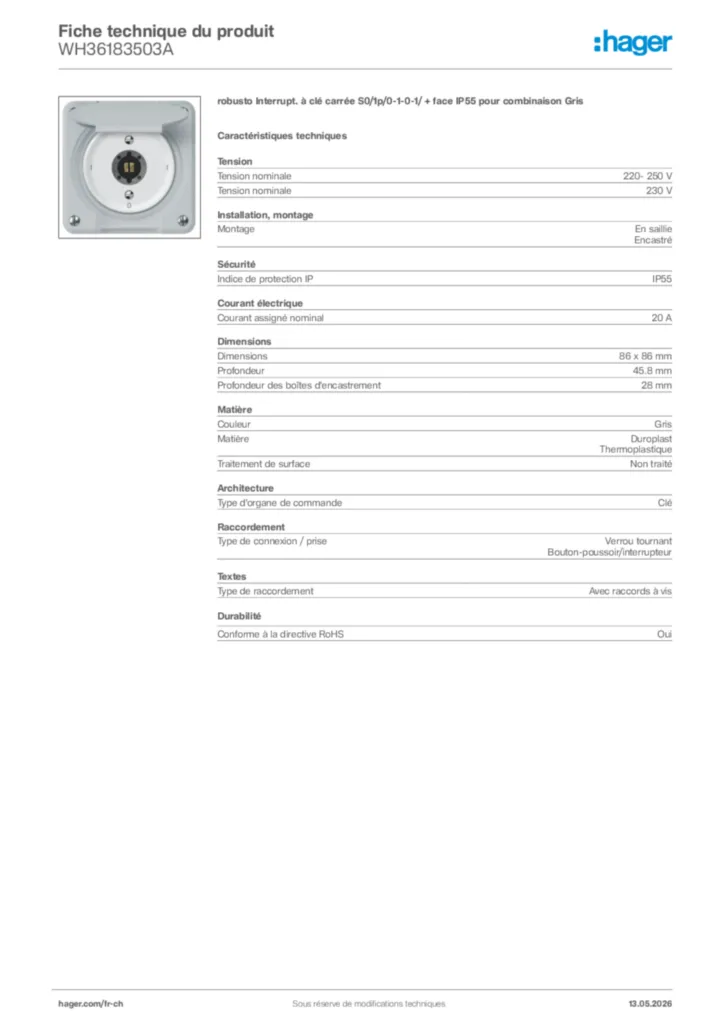 Image Hager Fiche technique du produit WH36183503A | Hager Suisse