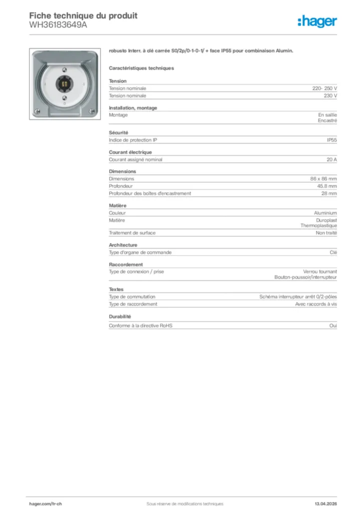 Image Hager Fiche technique du produit WH36183649A | Hager Suisse