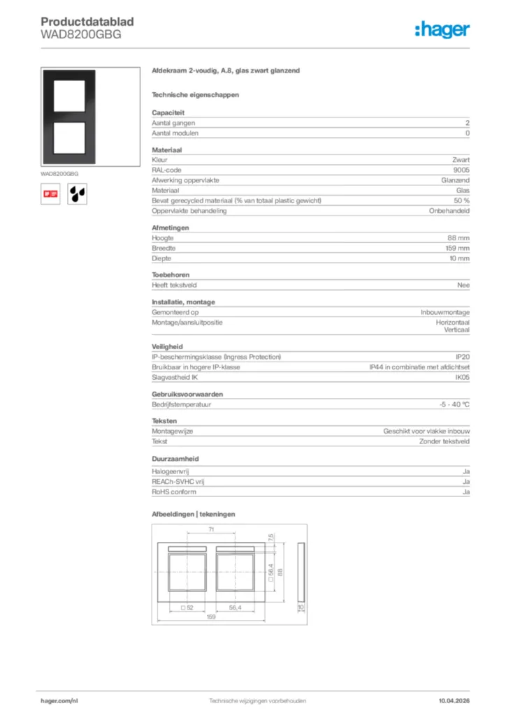Afbeelding Hager Productdatablad WAD8200GBG | Hager Nederland