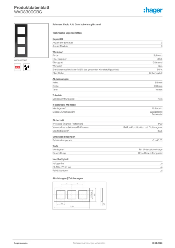 Bild Hager Produktdatenblatt WAD8300GBG | Hager Deutschland