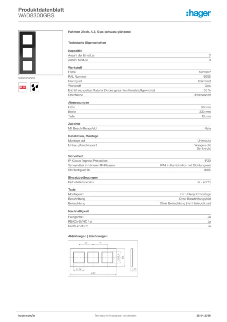 Bild Hager Produktdatenblatt WAD8300GBG | Hager Deutschland