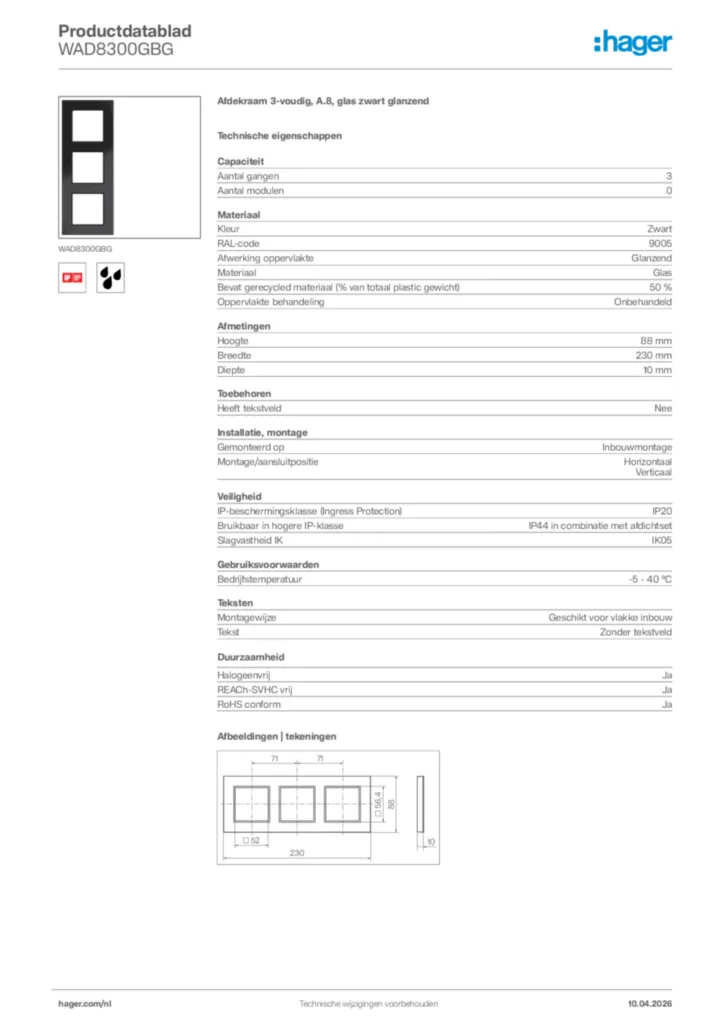 Afbeelding Hager Productdatablad WAD8300GBG | Hager Nederland