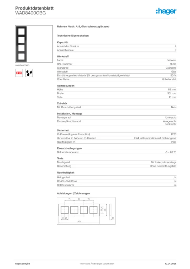 Bild Hager Produktdatenblatt WAD8400GBG | Hager Deutschland