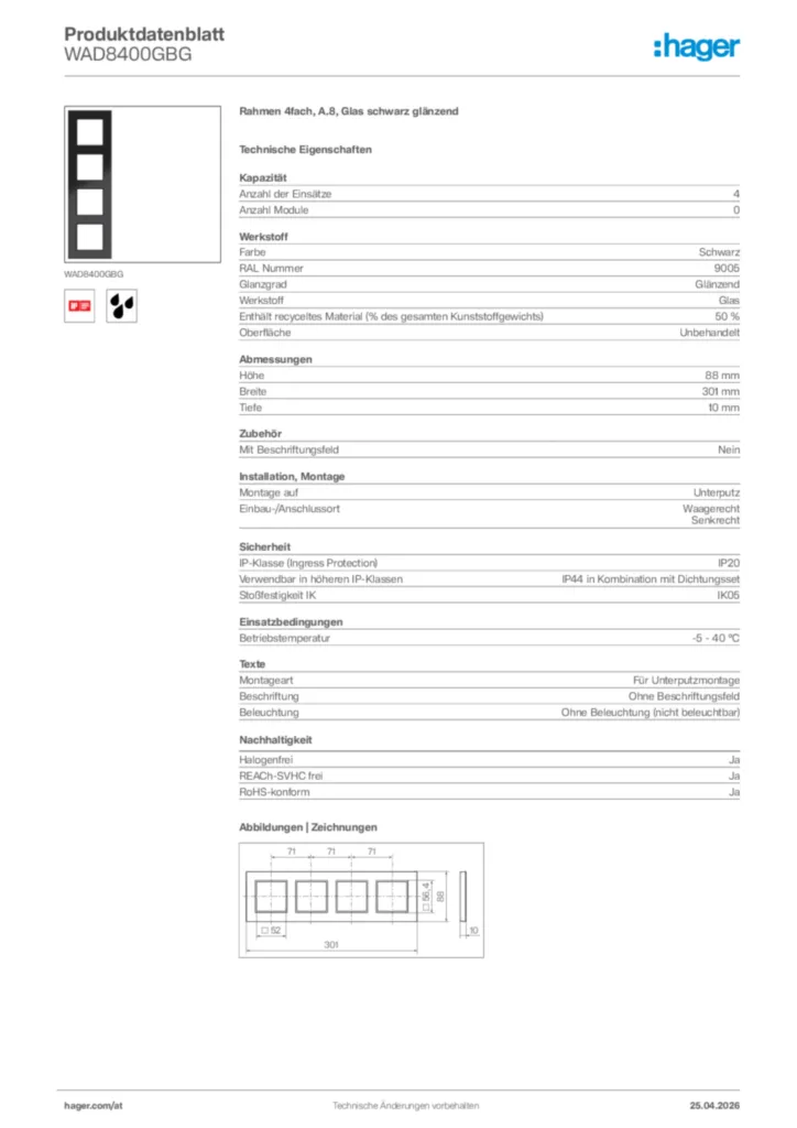 Bild Hager Produktdatenblatt WAD8400GBG | Hager Deutschland