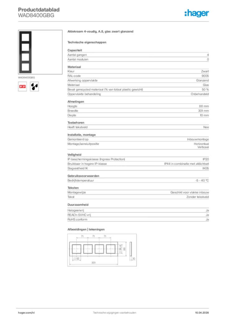 Afbeelding Hager Productdatablad WAD8400GBG | Hager Nederland