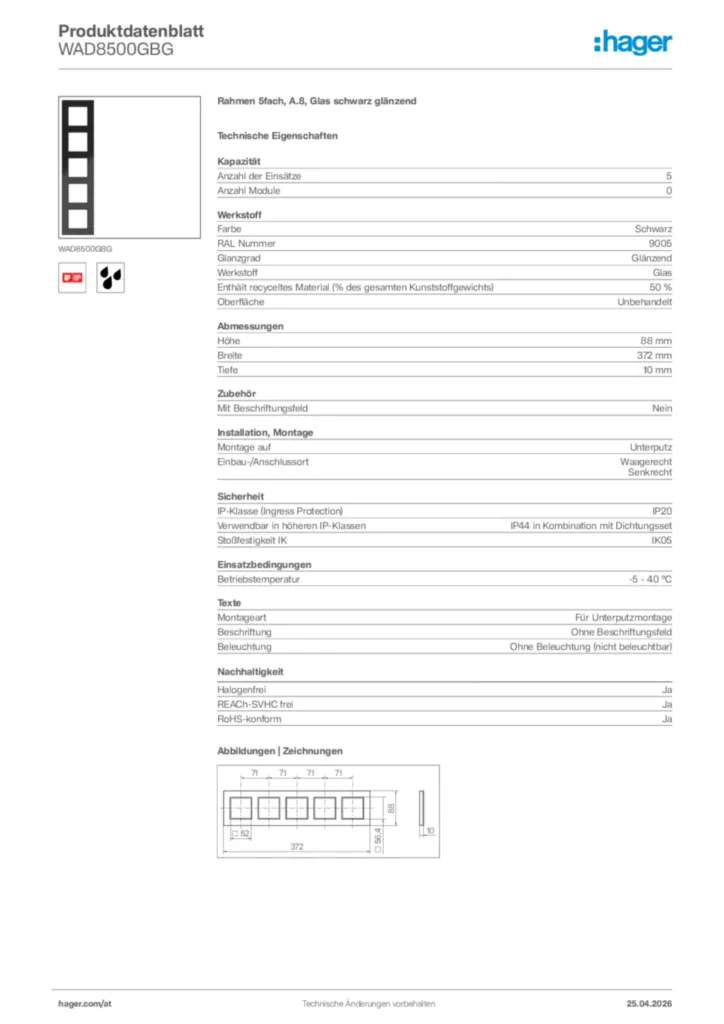 Bild Hager Produktdatenblatt WAD8500GBG | Hager Deutschland