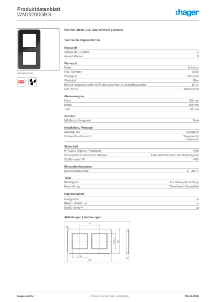 Bild Hager Produktdatenblatt WAD9200GBG | Hager Deutschland