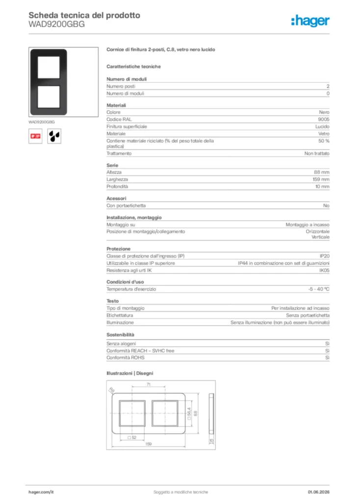 Immagine Hager Scheda tecnica del prodotto WAD9200GBG | Hager Italia