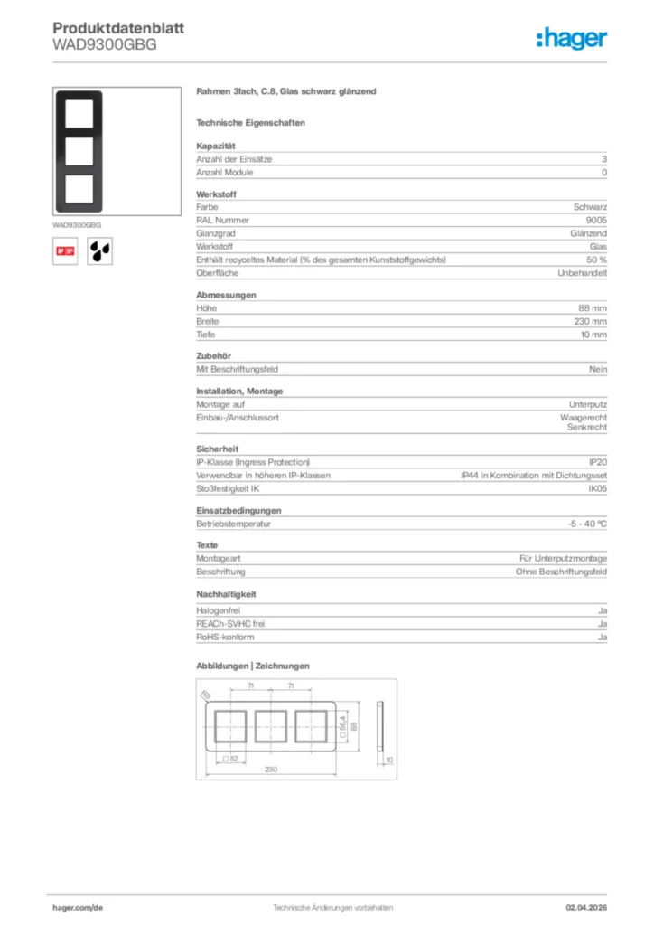 Bild Hager Produktdatenblatt WAD9300GBG | Hager Deutschland