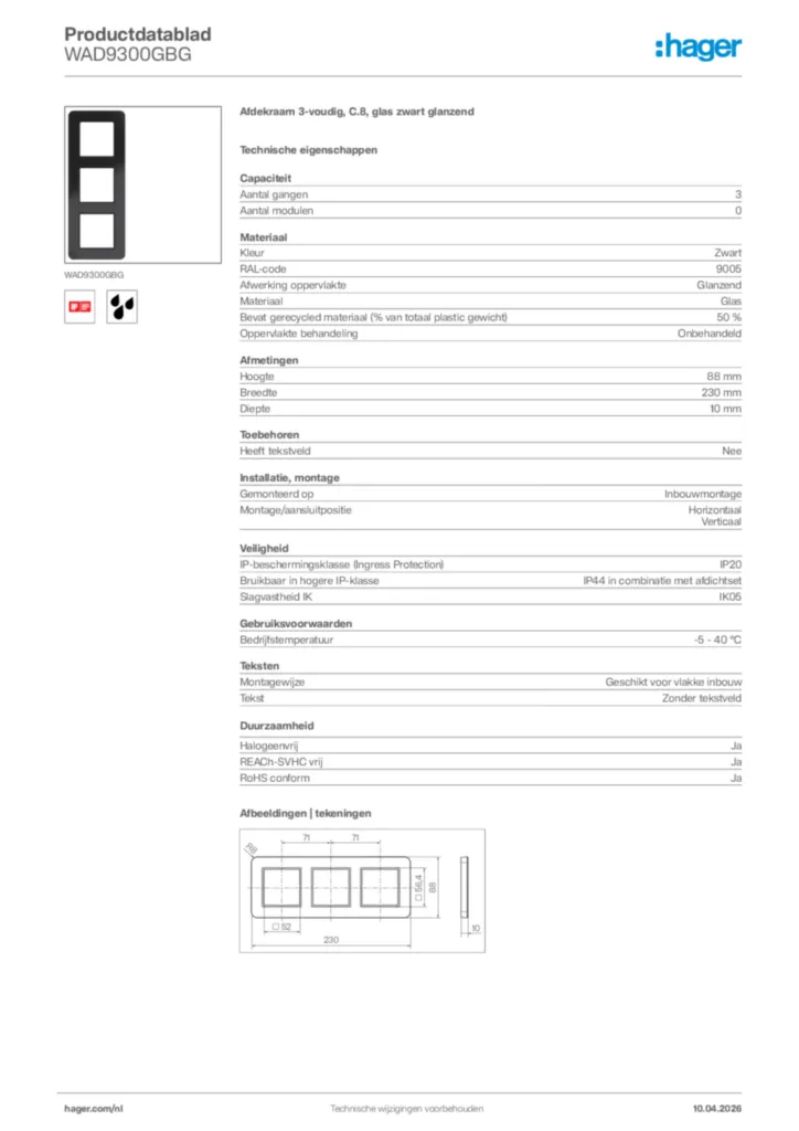 Afbeelding Hager Productdatablad WAD9300GBG | Hager Nederland