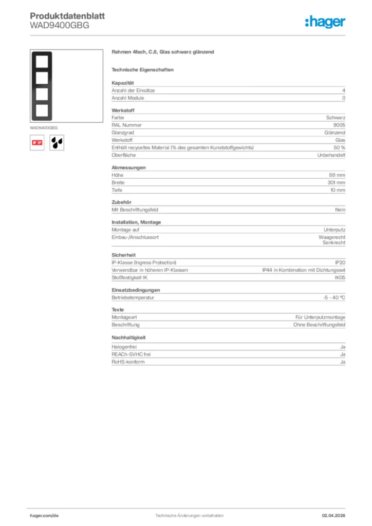 Bild Hager Produktdatenblatt WAD9400GBG | Hager Deutschland