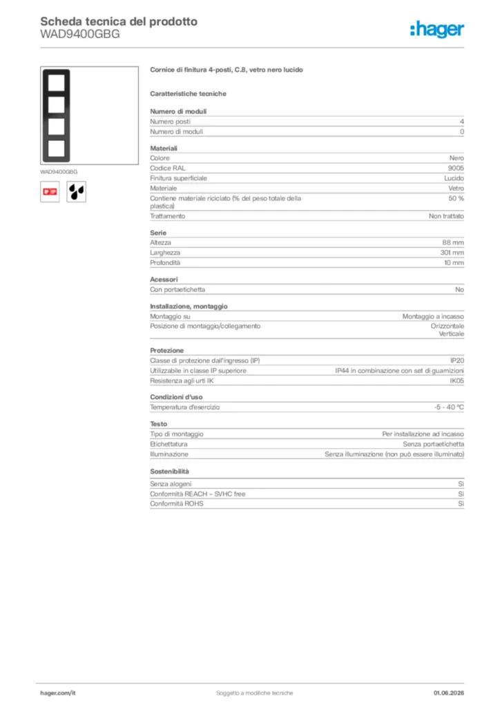 Immagine Hager Scheda tecnica del prodotto WAD9400GBG | Hager Italia
